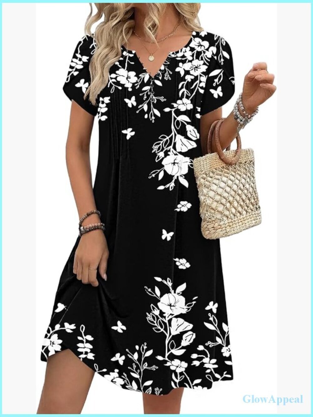 V-Neck Floral A-Line Mini Dress with Pockets